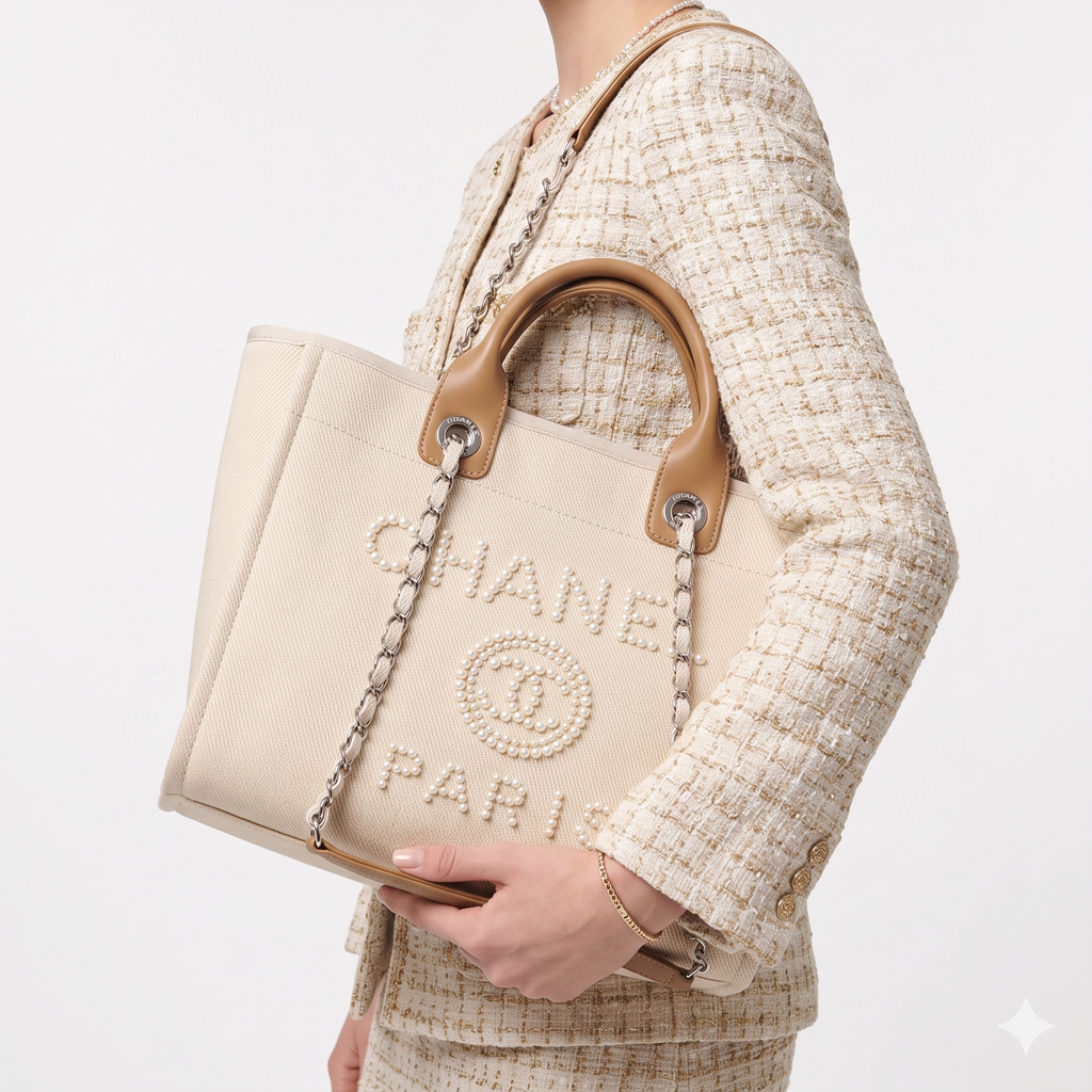 Chanel Pearl Embellished Canvas Tote Bag in Beige and Brown 👜✨