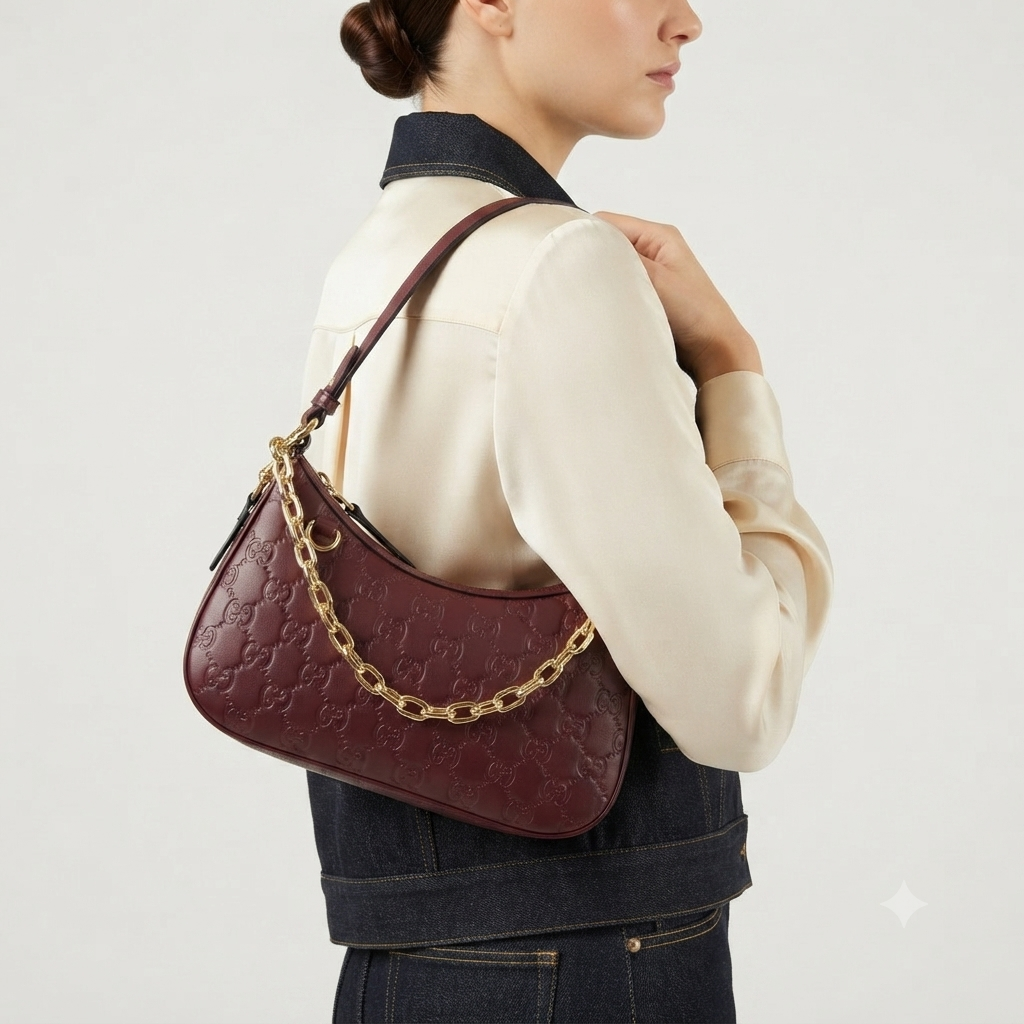 Gucci GG Embossed Burgundy Shoulder Bag with Gold Chain 👜✨