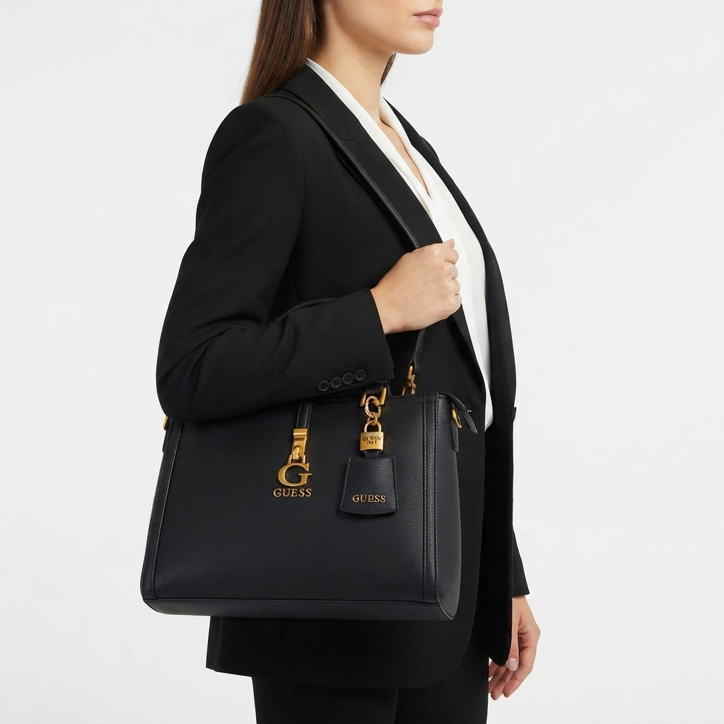 Guess Black Handbag with Signature Gold Tone Hardware