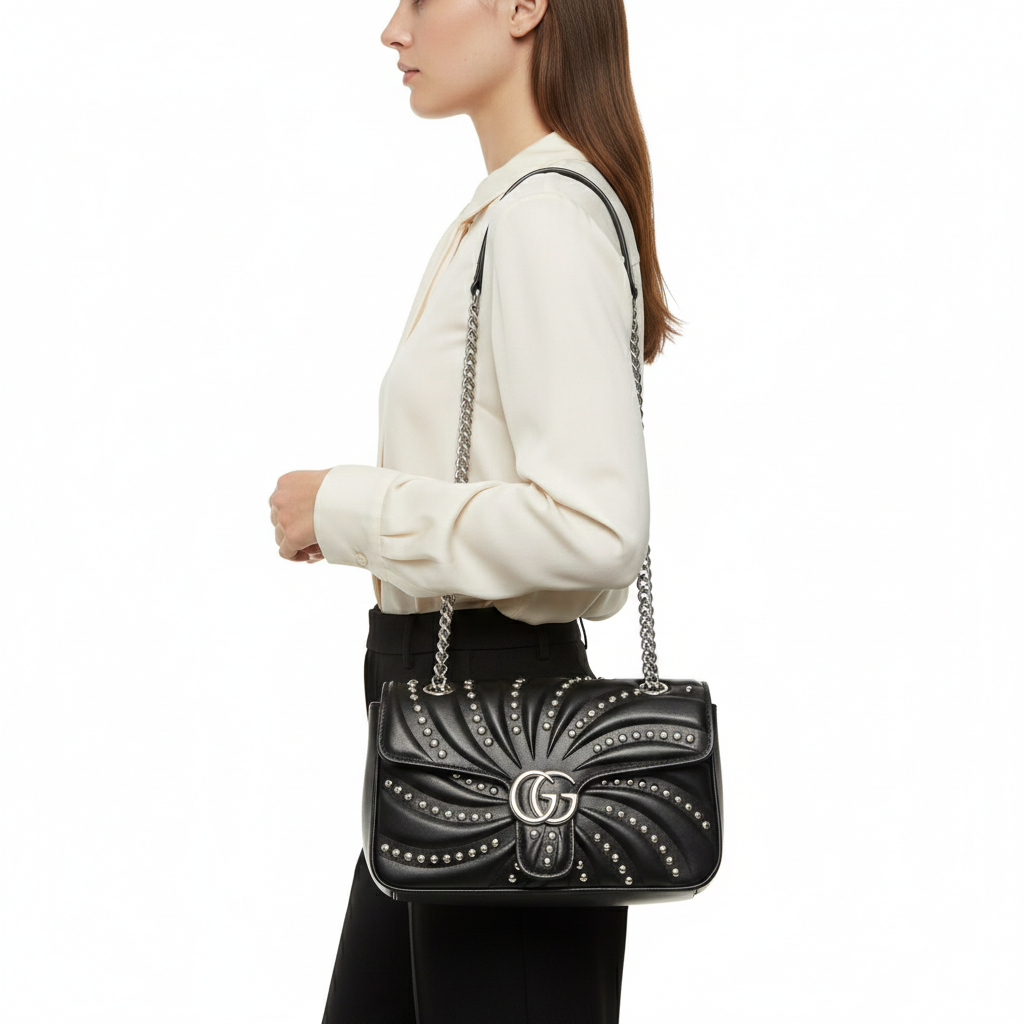 Gucci Black Matelassé Shoulder Bag with Stud Embellishments 🖤✨⛓️