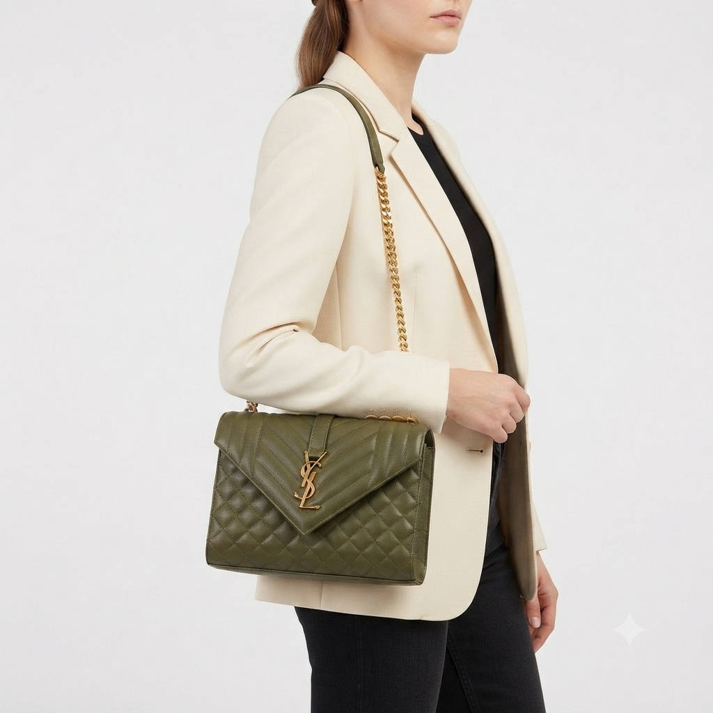 Saint Laurent Quilted Olive Shoulder Bag with Gold Chain 👜✨