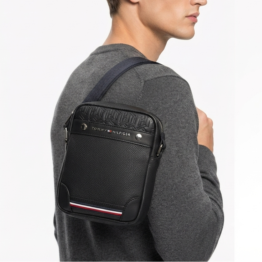 Tommy Hilfiger Textured Black Crossbody Bag with Signature Stripe 👜
