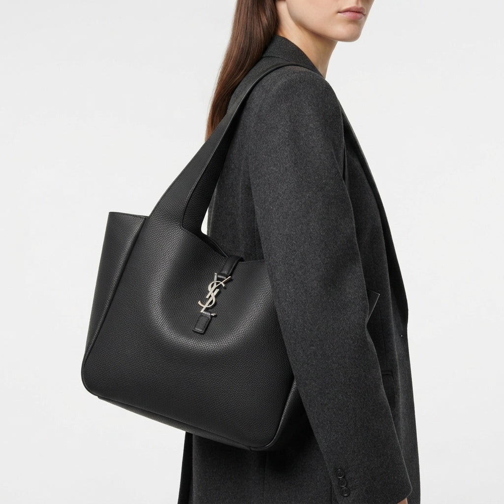 Saint Laurent Black Leather Tote with Gold Tone Hardware