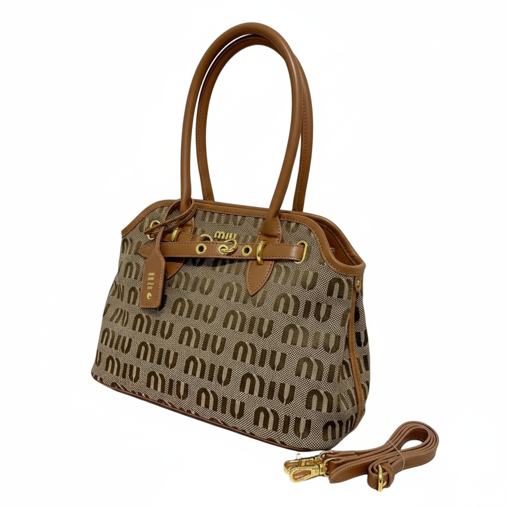 Miu Miu Logo Jacquard Top Handle Bag in Brown Canvas 🤎✨👜