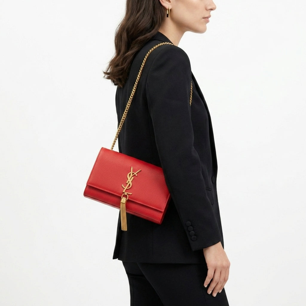 Y.S.L Red Chain Tassel Bag with Gold-Tone Hardware ❤️✨