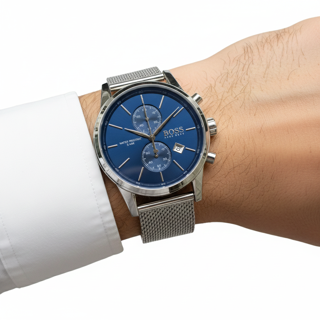 BOSS Men's Chronograph Watch Blue Sunray Dial Mesh Bracelet 💙⌚👔