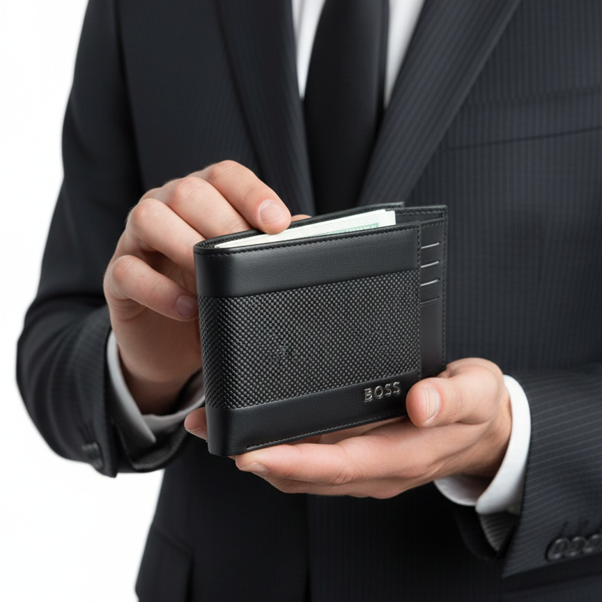 BOSS Textured Leather Bi-fold Wallet with Carbon Fiber Inset 💼✨🖤