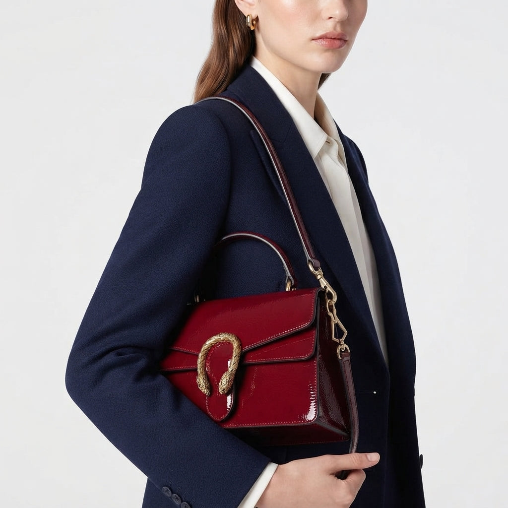 Dionysus Style Patent Leather Bag with Tiger Head Clasp