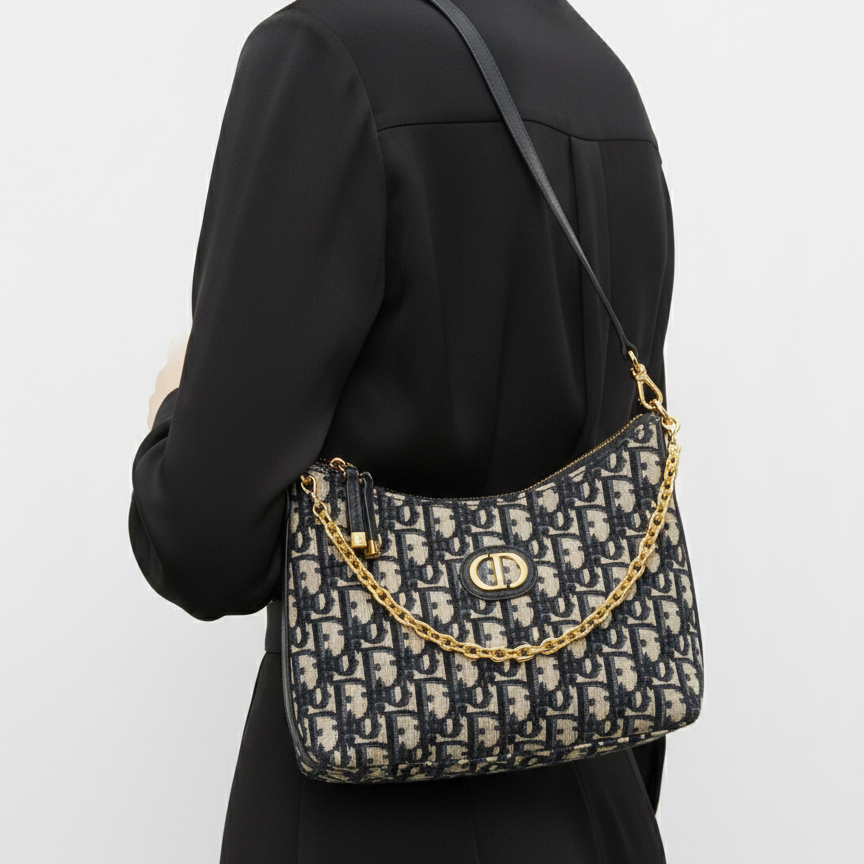 Dior Oblique Monogram Shoulder Bag with Gold Chain Accent 👜✨💙