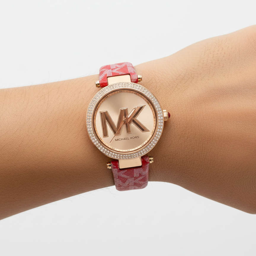 Michael Kors Rose Gold Logo Watch with Red Monogram Strap ⌚✨🌹