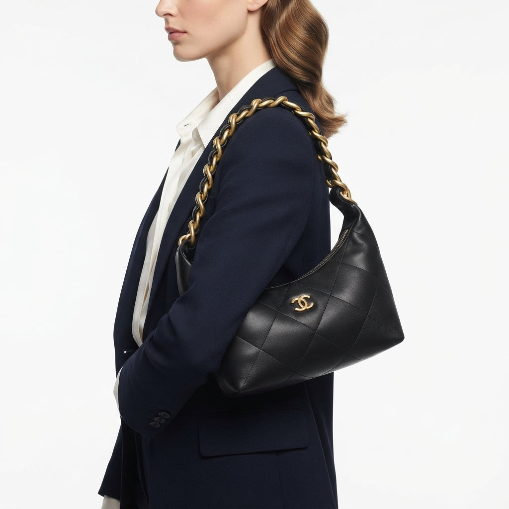 Chanel Quilted Hobo Bag with Gold Tone Chain Handle