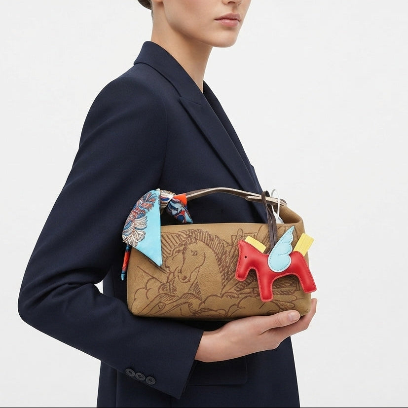 Canvas Horse Motif Tote with Decorative Scarf and Charm