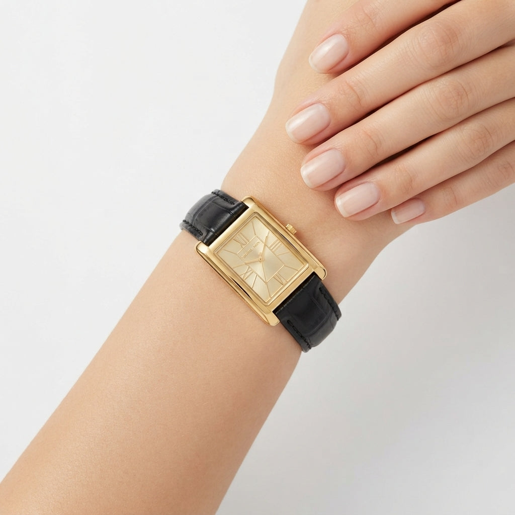 Michael Kors Rectangular Gold Tone Watch with Black Leather Strap