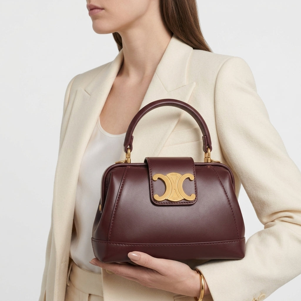 Celine Style Burgundy Structured Top Handle Bag