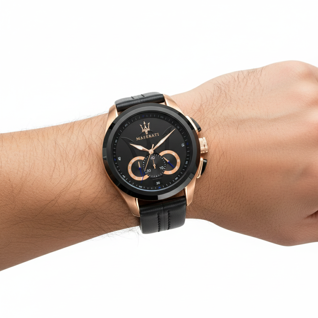 🔱 Maserati Chronograph Watch Black and Rose Gold with Leather Strap ⚫️🌹