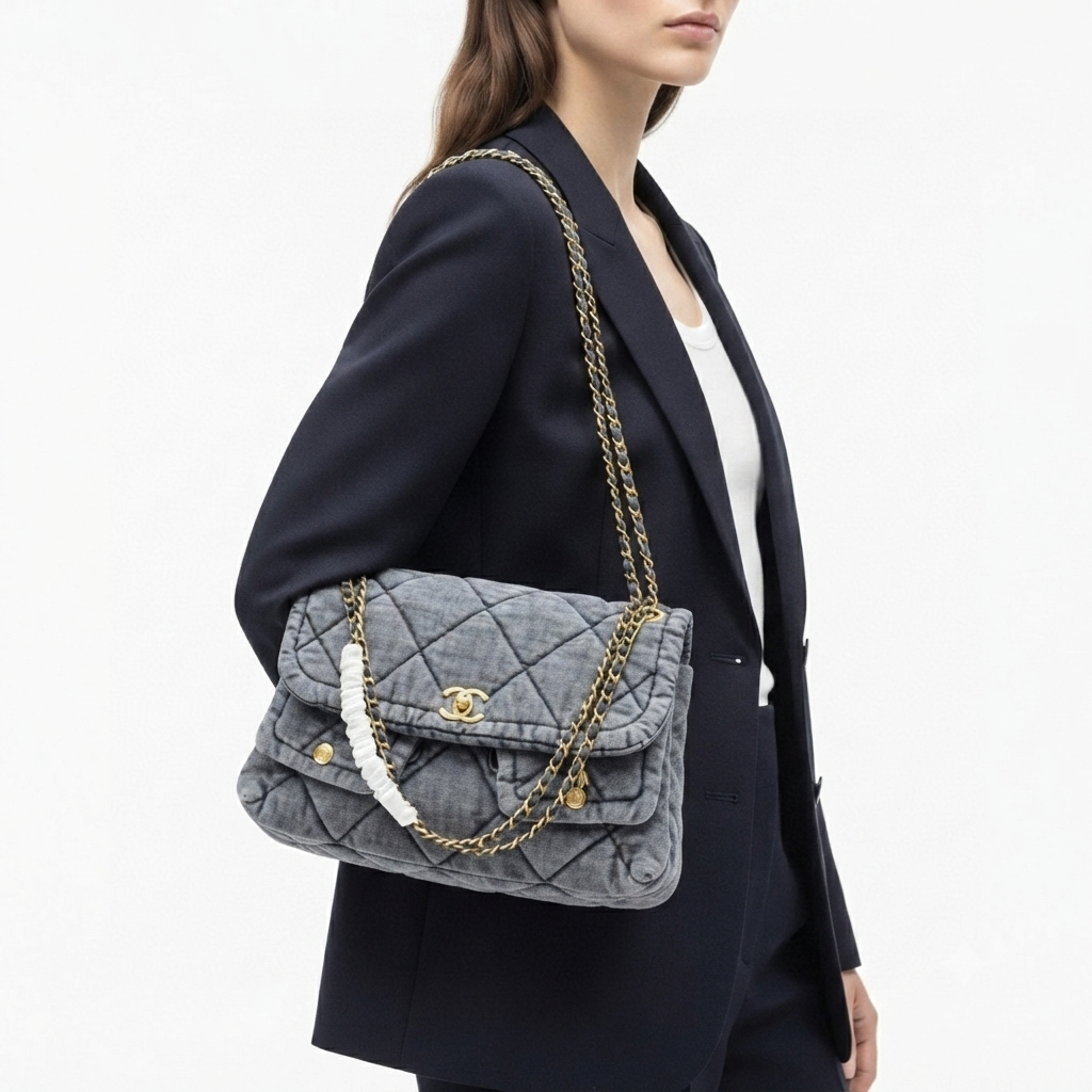 Chanel Quilted Denim Flap Tote Bag