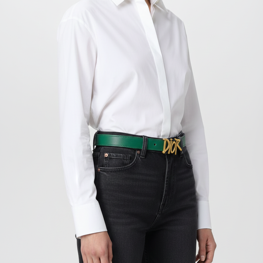 Dior Reversible Green Leather Belt with Gold-Tone Logo Buckle 🌿✨👜