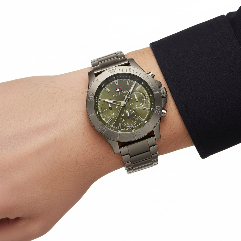 Tommy Hilfiger Men's Chronograph Green Dial Gunmetal Sport Watch ⌚️🪖⚙️