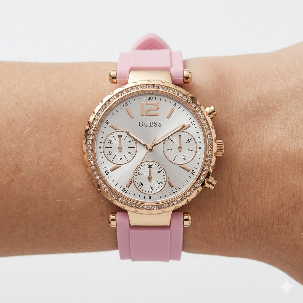 GUESS Confetti Rose Gold Dial Pink Silicone Ladies Watch 🌸✨⌚