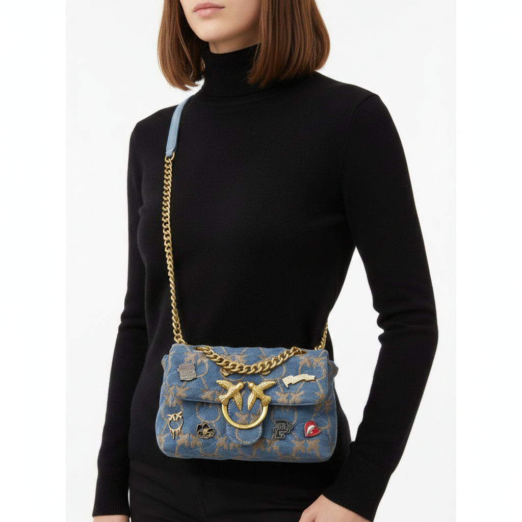 Pinko Love Bag Denim Patchwork Shoulder Bag 🕊️✨👜