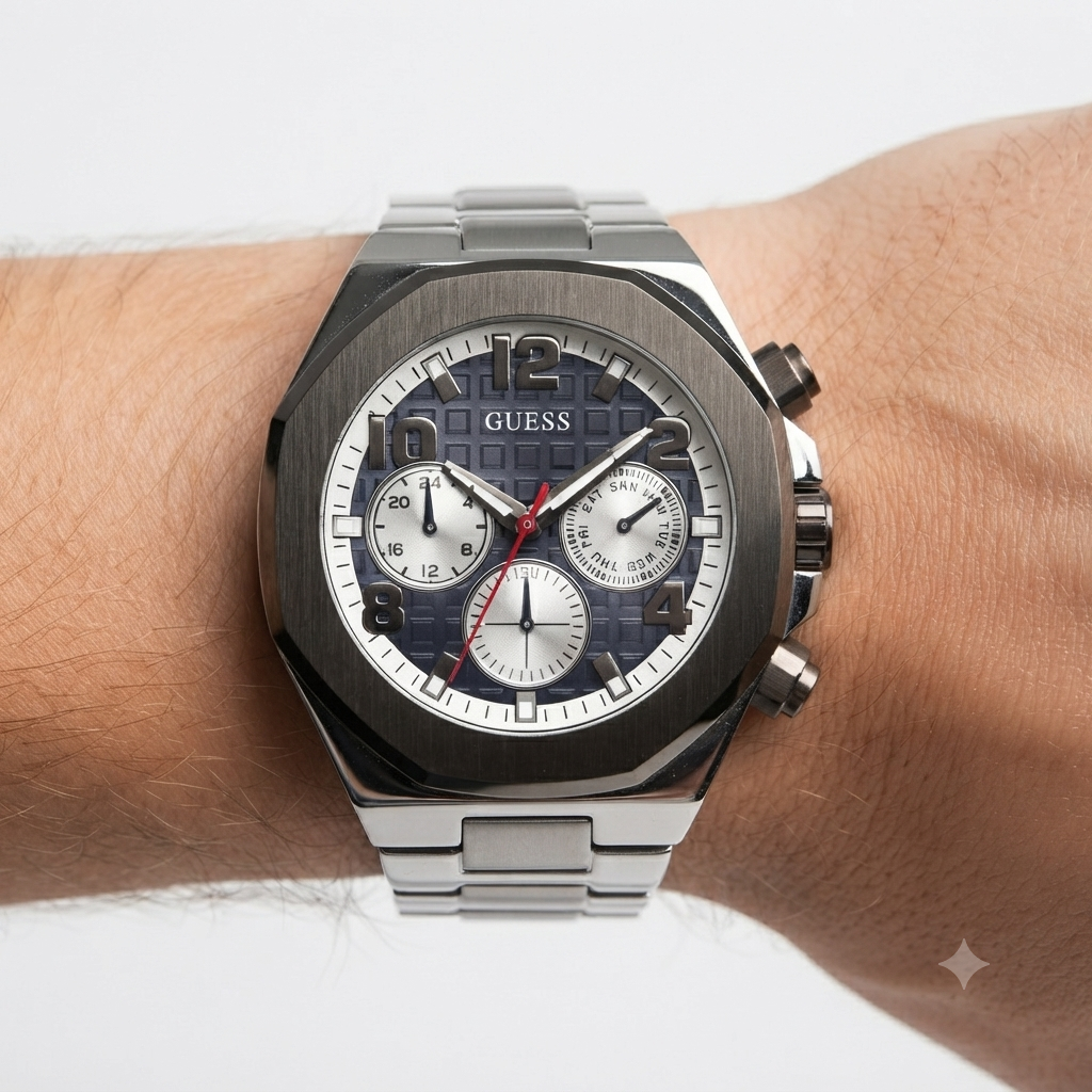 Guess Men's Silver and Blue Stainless Steel Chronograph Watch