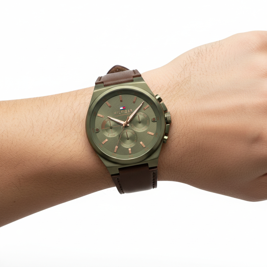Tommy Hilfiger Men's Olive Green & Brown Leather Multi-Function Watch 🌲🤎⌚️