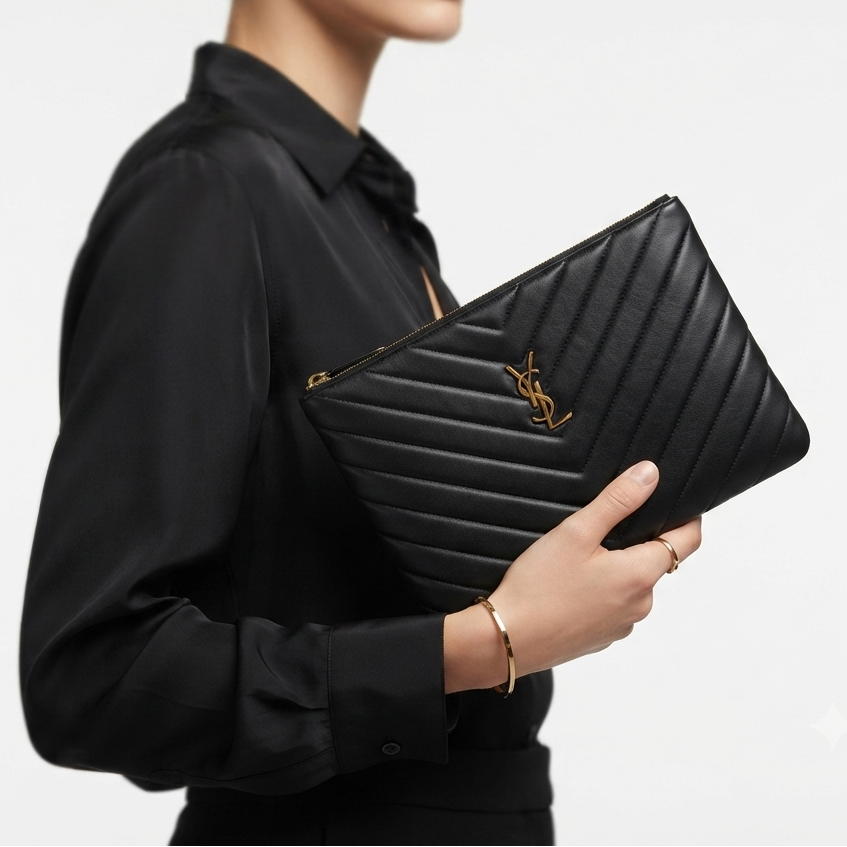 YSL Quilted Black Leather Clutch with Wrist Strap
