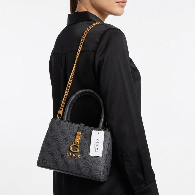 Guess Monogram Print Mini Satchel with Gold Chain Strap 👜✨🖤