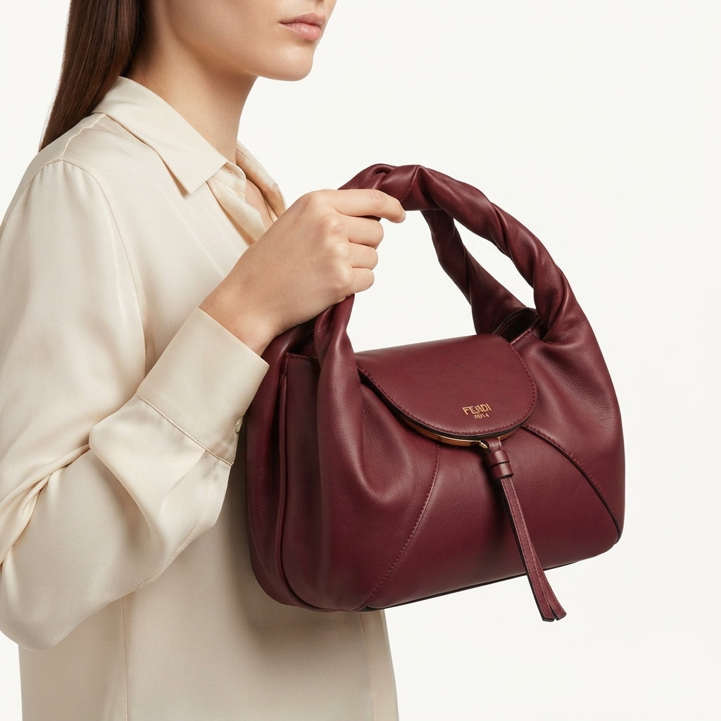 Fendi Soft Leather Burgundy Handbag with Sculpted Handle