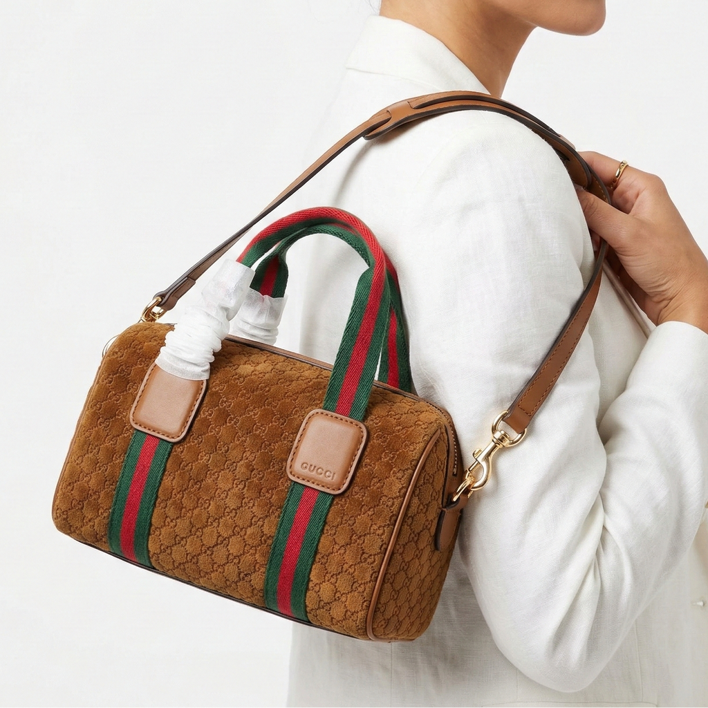 Gucci Monogram Velvet Mini Boston Bag with Web Stripe Detail 👜✨