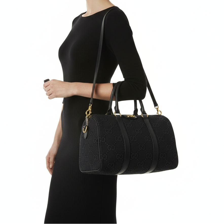 Gucci Black Monogram Canvas Boston Bag with Leather Trim 🖤👜✨