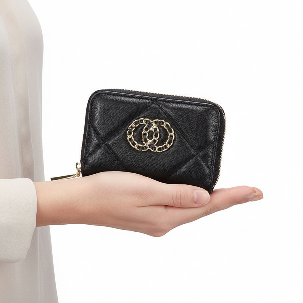 🖤 Quilted Black Leather Zip Wallet with Gold Chain Interlocking Rings 🔑