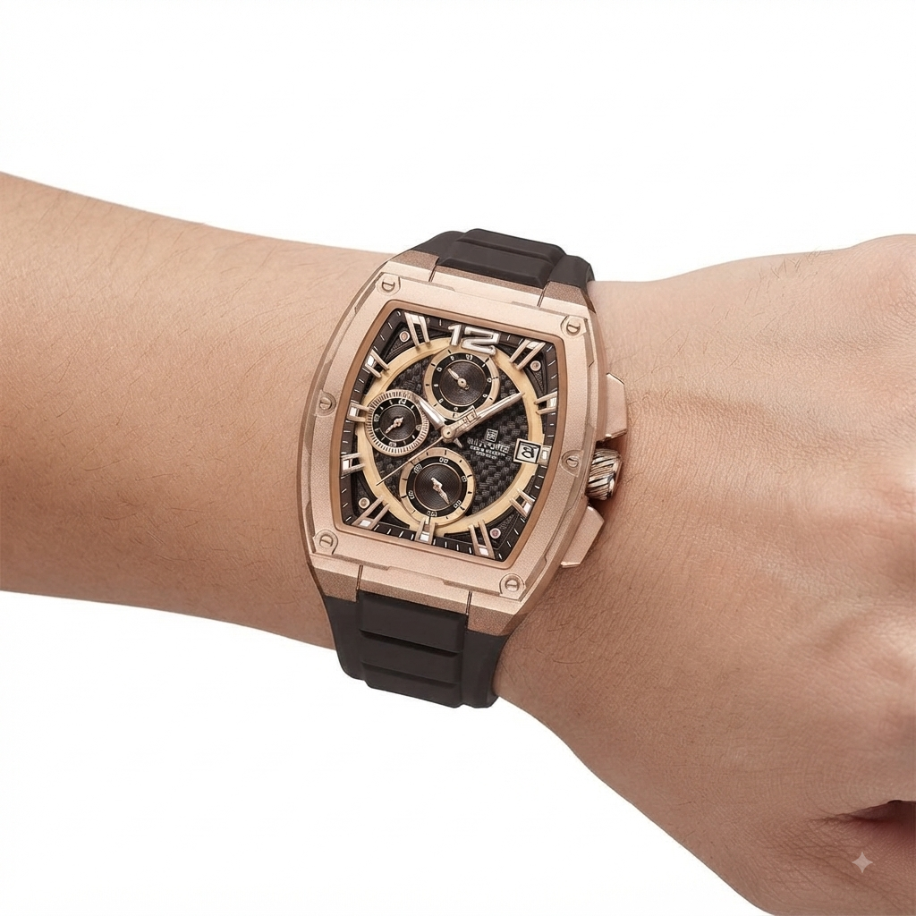 NAVIFORCE Tonneau Chronograph in Rose Gold and Black Silicone