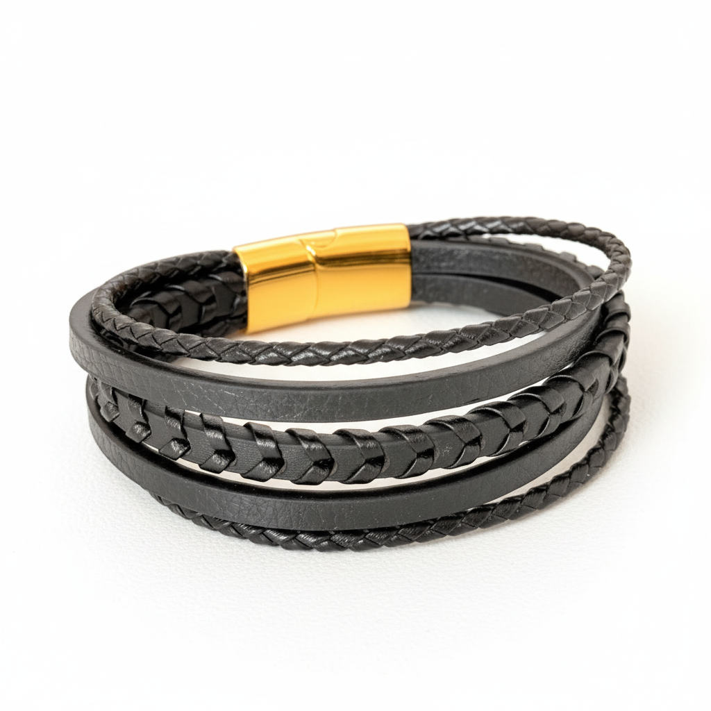 Men's Multi-Layer Black Leather Bracelet with Gold Magnetic Clasp
