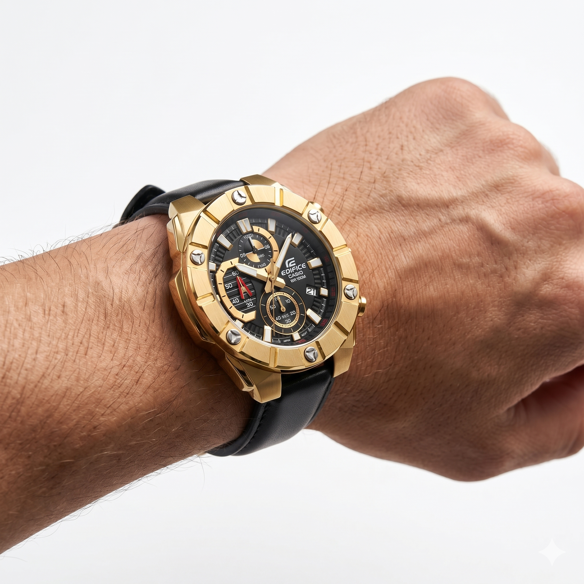 Casio Edifice Gold-Tone & Black Leather Men's Watch ⌚🖤💛