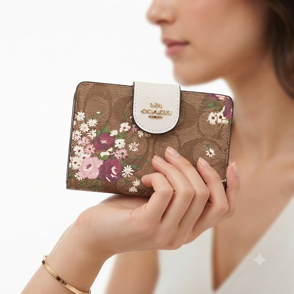 Coach Signature Floral Canvas Snap Wallet in Brown & Pink 🌸👜