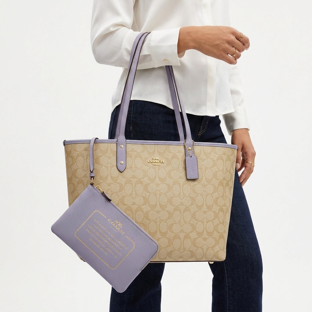Coach Signature Monogram Tote Bag with Matching Zippered Pouch