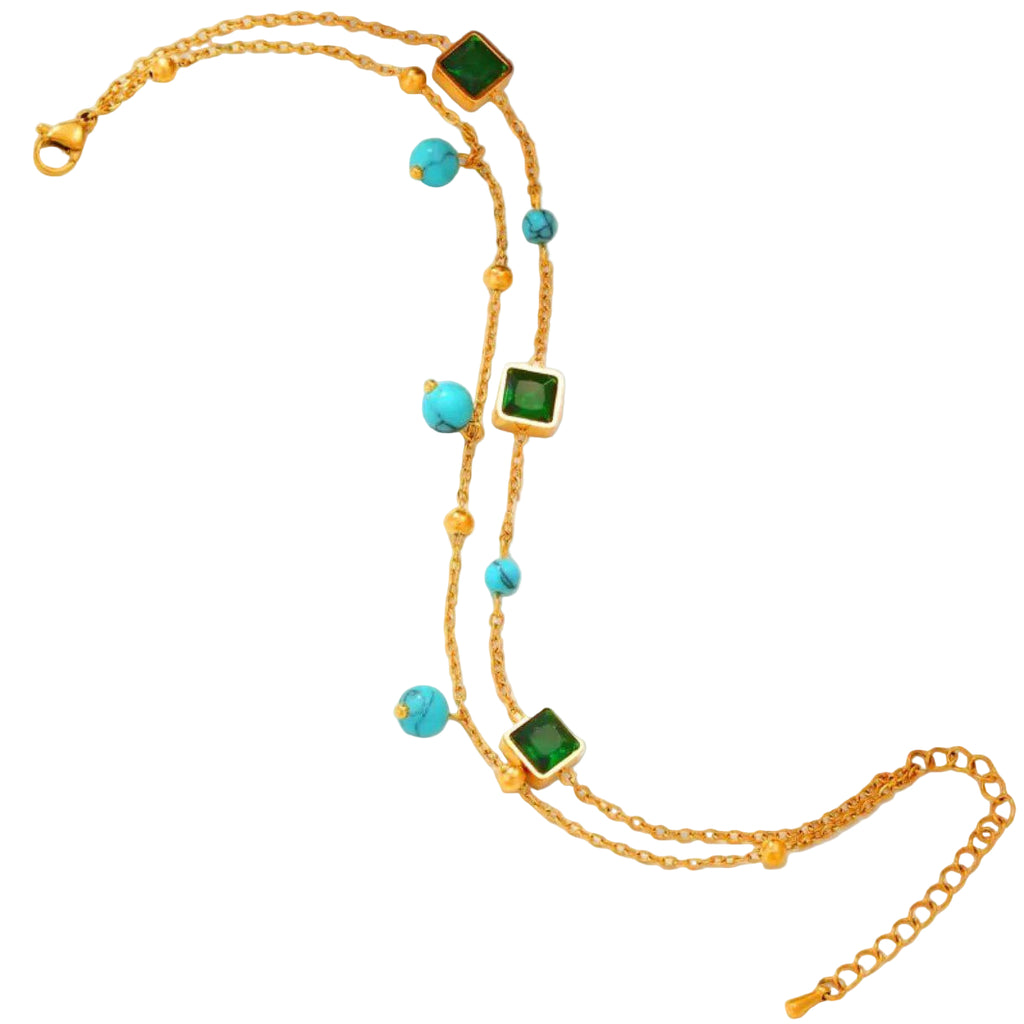💚 Gold Double-Layer Bracelet with Emerald Crystals and Turquoise Beads 💎🌊