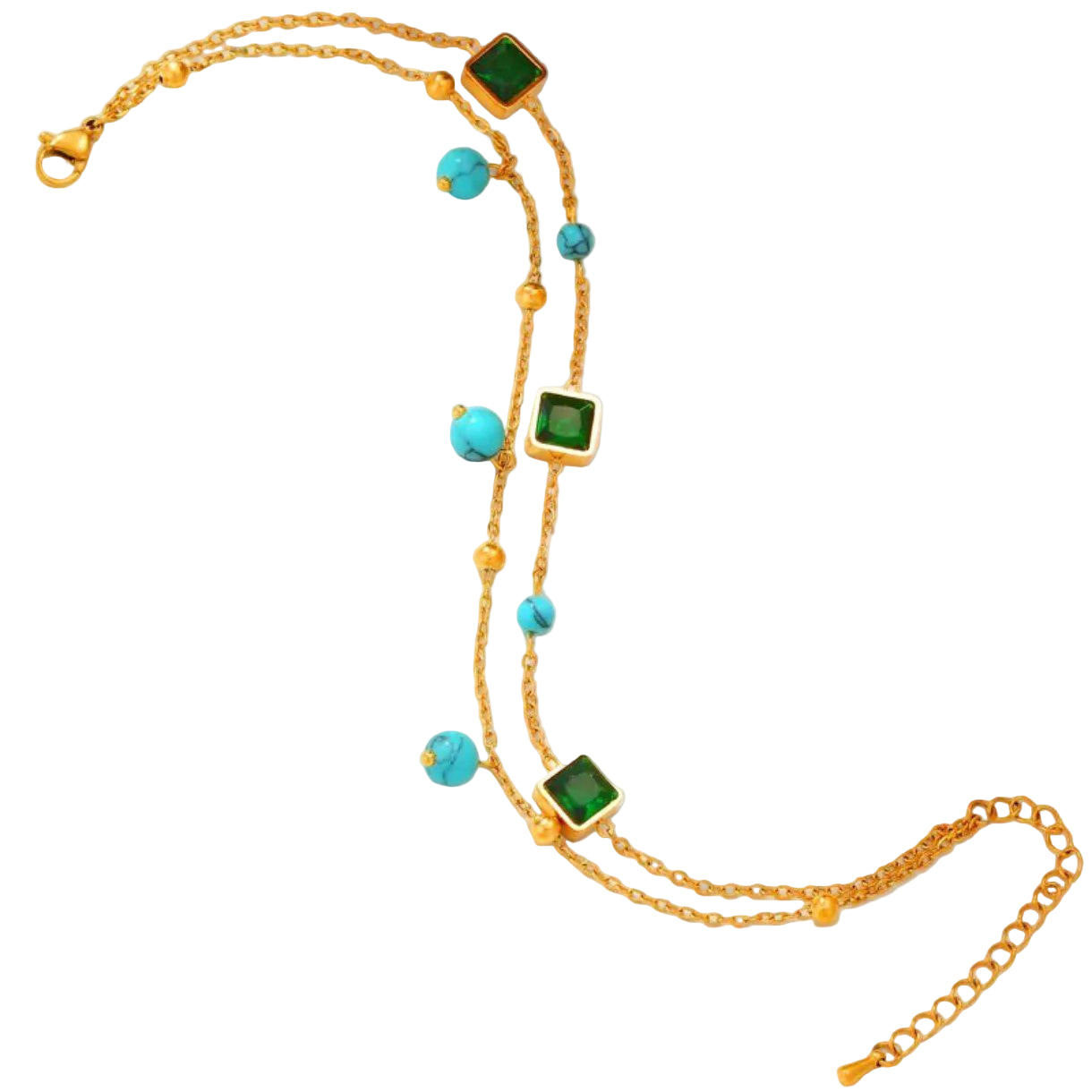 💚 Gold Double-Layer Bracelet with Emerald Crystals and Turquoise Beads 💎🌊