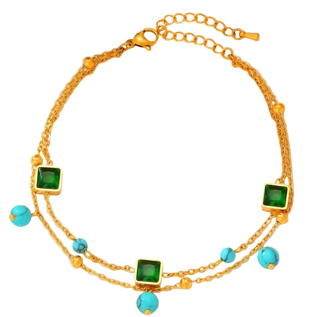 💚 Gold Double-Layer Bracelet with Emerald Crystals and Turquoise Beads 💎🌊