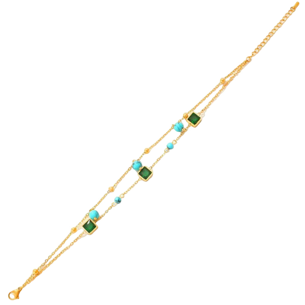 💚 Gold Double-Layer Bracelet with Emerald Crystals and Turquoise Beads 💎🌊