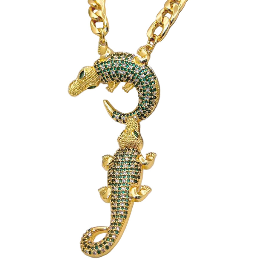 🐊 Luxe Gold Alligator Pendant Necklace with Green Gemstone Embellishments ✨💚