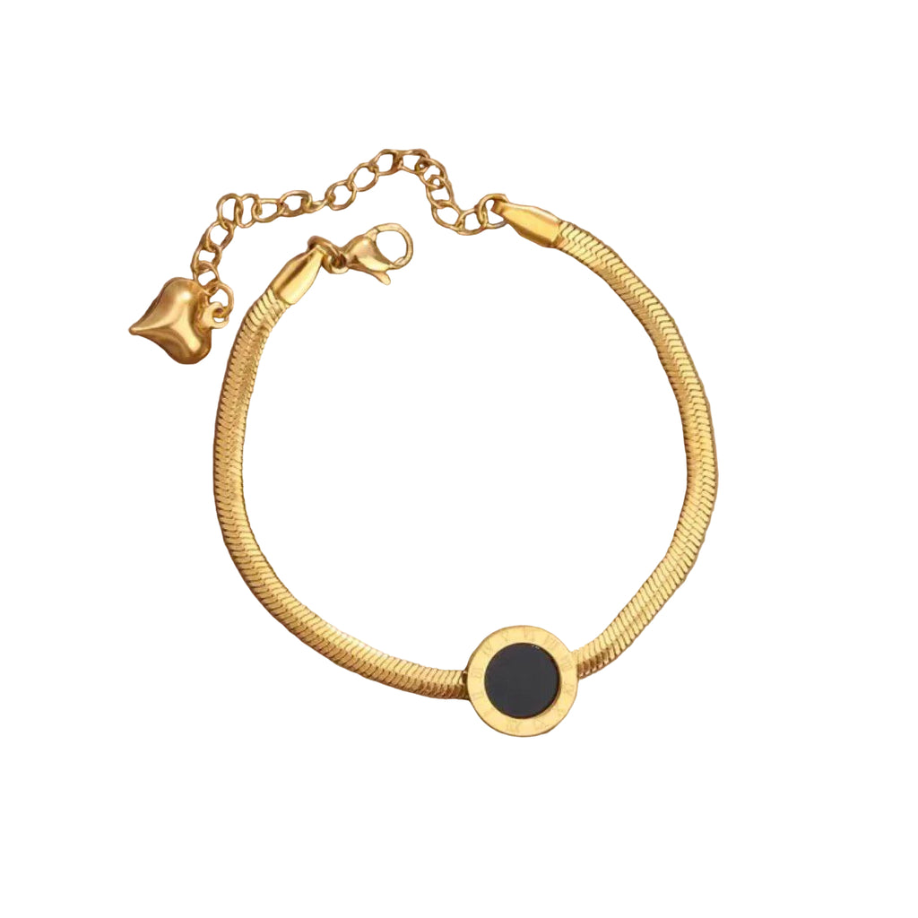 ✨ Chic Gold Snake Chain Bracelet with Black Enamel Disk 🖤💛
