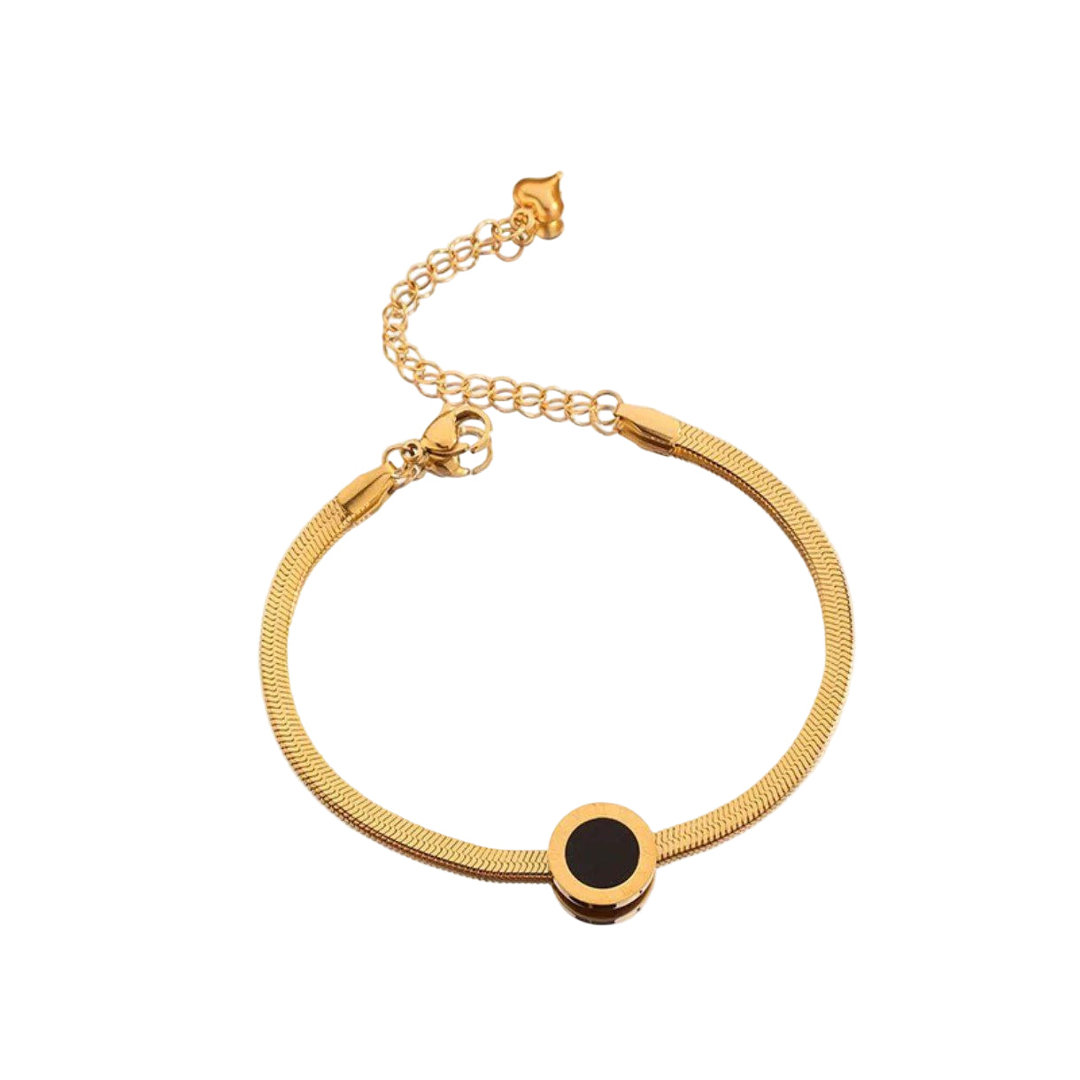 ✨ Chic Gold Snake Chain Bracelet with Black Enamel Disk 🖤💛