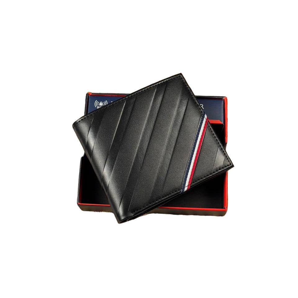 Tommy Hilfiger Black Leather Bi-Fold Wallet with Diagonal Stripes & Flag Detail 🖤🔴⚪