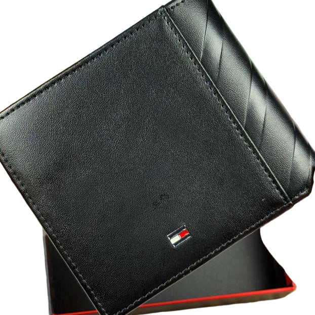 Tommy Hilfiger Black Leather Bi-Fold Wallet with Diagonal Stripes & Flag Detail 🖤🔴⚪