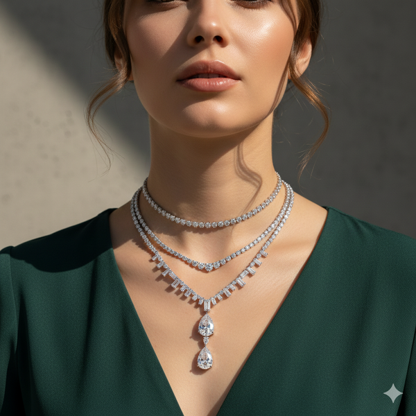 Woman wearing a diamond necklace against a neutral background