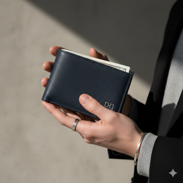 Hand holding a navy leather wallet with a blurred background