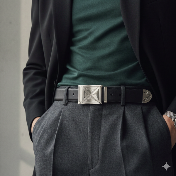 Person wearing a dark suit with a green shirt and gray pants, focusing on the belt and waist area.