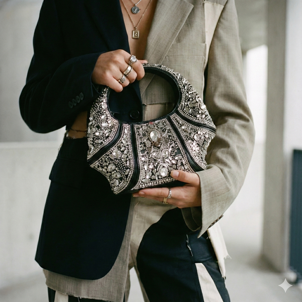 Person holding a decorative handbag with intricate details